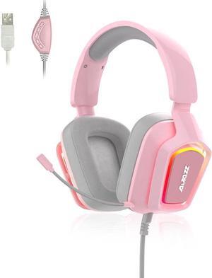 Wired Pink Gaming Headset with Microphone - 7.1 Stereo Surround Sound - Volume Control - Adjustable Headband Noise Canceling Over Ear Headphones RGB Light for PC Laptop - Pink