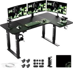 63 Inches L-Shaped Electric Standing Desk, Dual Motor Height Adjustable Stand Up Corner Desk, Sit to Stand Workstation with Locking Wheels, Carbon Fiber Top