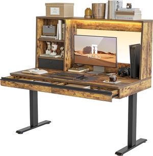 55 x 27.5 Inches Electric Standing Desk with Open Shelf&LED Strip, Adjustable Height Sit Stand Up Desks with 3 Drawers, Ergonomic Workstation,Rustic Brown