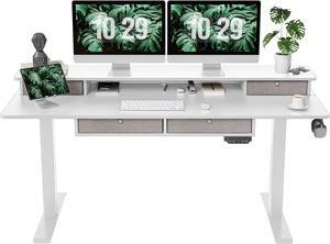 Sturdy Height Adjustable Electric Standing Desk with Drawers, 63 x 24 Inch Stand Up Table with Large Storage Shelf, Sit Stand Desk, White Top