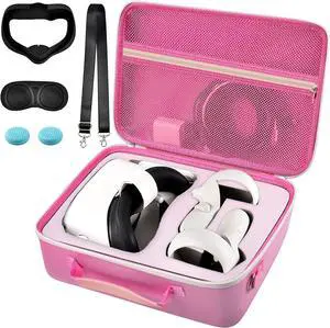 Hard Carrying Case for Meta/for Oculus Quest 3, Quest 2 All-in-One VR Gaming Headset and Touch Controllers, Travel Storage Bag with Silicone Face Cover & Lens Protector & Accessories - Pink+Pink Spong