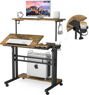 Mobile Standing Desk, Adjustable Rolling Computer Desk with 3 Desktops, Portable Laptop Table with Desk Cup Holder, Home Office Laptop Workstation on Lockable Wheels, Brown