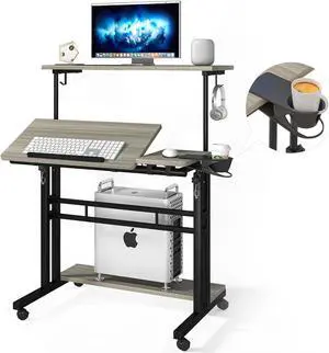 Mobile Standing Desk, Adjustable Rolling Computer Desk with 3 Desktops, Portable Laptop Table with Desk Cup Holder, Home Office Laptop Workstation on Lockable Wheels, Grey