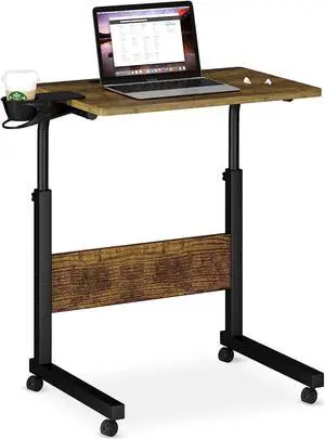 Standing Desk Adjustable Height, Stand Up Desk with Cup Holder, Portable Laptop Desk, Mobile, Small Computer Desk, Bedside Table, Rolling Desk, Work Desk for Home Office - Walnut