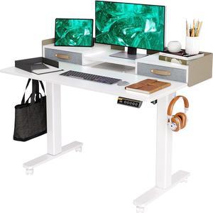 FEZIBO 60 x 24 inch Height Adjustable Electric Standing Desk with Double Drawer, Stand Up Table with Storage Shelf, Sit Stand Desk with Splice Board