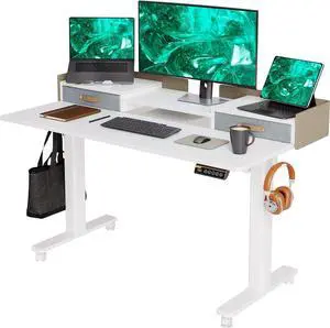 55" Standing Desk with Drawers, Stand Up Electric Standing Desk Adjustable Height, Sit Stand Desk with Storage Shelf and Splice Board, 55 Inch, White