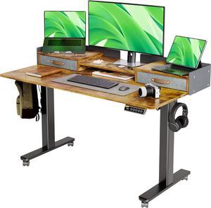 55" Standing Desk with Drawers, Stand Up Electric Standing Desk Adjustable Height, Sit Stand Desk with Storage Shelf and Splice Board, 55 Inch, Rustic Brown