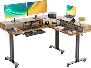 Triple Motor 63" L Shaped Standing Desk with Drawers, Electric Standing Desk Adjustable Height, Corner Stand up Desk with Splice Board, Black Frame/Rustic Brown Top