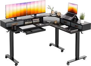Triple Motor 63" L Shaped Standing Desk with Drawers, Electric Standing Desk Adjustable Height, Corner Stand up Desk with Splice Board, Black Frame/Black Top