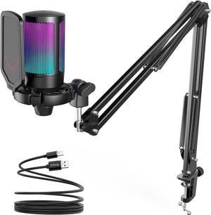 FIFINE Gaming PC USB Microphone, Podcast Condenser Mic with Boom Arm, Pop Filter, Mute Button for Streaming, Twitch, Online Chat, RGB Computer Mic for PS4/5 PC Gamer Youtuber-AmpliGame