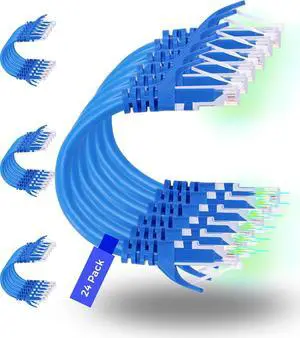 Patch Cables Cat6 2ft (24 Pack), Ethernet Patch Cable 10G, Cat 6 Patch Cable for Patch Panel to Switch, Flexiable Cat 6 Ethernet Cable with Gold Plated - Blue