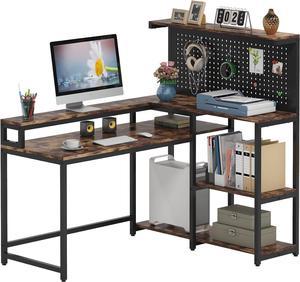 Ivinta Computer Desk with Drawers, 52 Inches Office Desk with Hutch and Printer Shelf, Modern Writing Desk - Brown