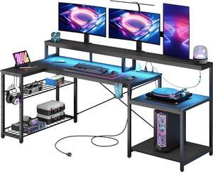 71.5" L Shaped Gaming Desk with Power Outlets, LED Computer Desk with Long Monitor Stand, Large Corner Desk with Storage Shelf, Cup Holder Headset Hooks, Cool Desk for Gaming Room, Black
