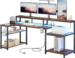 71.5" L Shaped Gaming Desk with Power Outlets, LED Computer Desk with Long Monitor Stand, Large Corner Desk with Storage Shelf, Cup Holder Headset Hooks, Cool Desk for Gaming Room, Brown
