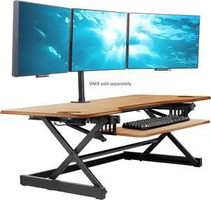 46" Standing Desk Converter Large - Height Adjustable Sit Standup Triple Monitor Riser - Gas Spring Computer Workstation, Retractable Keyboard Tray - Teak Wood Grain