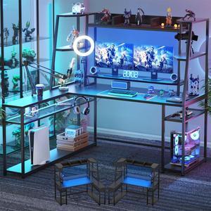 63'' L Shaped Gaming Desk with LED Lights & Power Strips, Reversible Gaming Table Desk with Hutch, L-Shaped PC Gaming Desk with Storage Shelves, L Desk for Gaming with Monitor Stand, Black