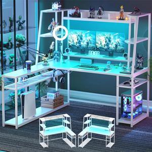 63'' L Shaped Gaming Desk with LED Lights & Power Strips, Reversible Gaming Table Desk with Hutch, L-Shaped PC Gaming Desk with Storage Shelves, L Desk for Gaming with Monitor Stand, White