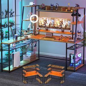 63'' L Shaped Gaming Desk with LED Lights & Power Strips, Reversible Gaming Table Desk with Hutch, L-Shaped PC Gaming Desk with Storage Shelves, L Desk for Gaming with Monitor Stand, Rustic Brown