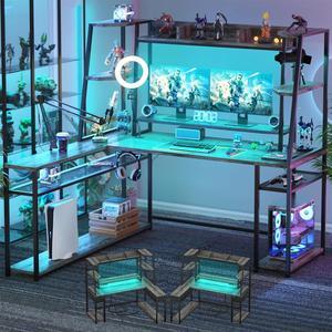 63'' L Shaped Gaming Desk with LED Lights & Power Strips, Reversible Gaming Table Desk with Hutch, L-Shaped PC Gaming Desk with Storage Shelves, L Desk for Gaming with Monitor Stand, Grey