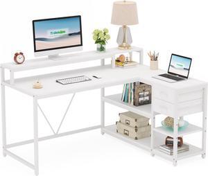 55.1" Reversible L Shaped Desk with Drawer, Industrial Corner Desk Home Office Table with Storage Shelves and Monitor Stand, Rustic Wooden and Metal PC Desk for Small Space (White)