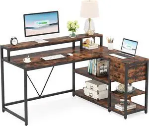 55.1" Reversible L Shaped Desk with Drawer, Industrial Corner Desk Home Office Table with Storage Shelves and Monitor Stand, Rustic Wooden and Metal PC Desk for Small Space - Rustic Brown