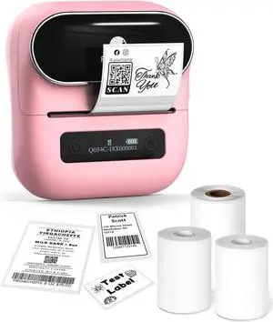 Label Maker 3.14 Inch Bluetooth Portable Thermal Label Printer for Barcode, Address, Labeling, Mailing, File Folder Label, Easy to Use, Support Phone&PC, With 3 Coiled Label - Pink