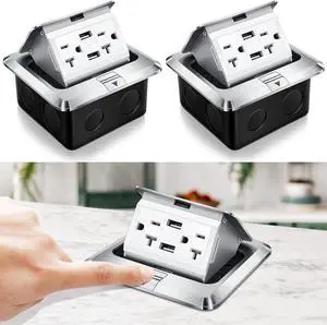 Pop up Floor Outlet Kit Waterproof Electrical Outlet Cover Box with 4.2A USB Charger 20Amp Weatherproof Floor Outlet Tamper Resistant Outlet Receptacle for Countertop Home - Silver,2 Pack