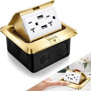 Pop up Floor Outlet Kit Waterproof Electrical Outlet Cover Box with 4.2A USB Charger 20Amp Weatherproof Floor Outlet Tamper Resistant Outlet Receptacle for Countertop Home - Gold