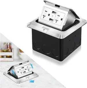 Pop Up Floor Electrical Outlet Stainless Steel Box Kit, 5V/4.8A USB Outlet, 20A Tamper-Resistant Receptacle Outlet, Watertight Gasket,Corrosive Resistant Hardware, ETL Certified, Silver