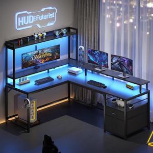 Tribesigns 75 Inch Gaming Desk with Monitor Shelf, Large PC Computer Desk  with LED Lights, Gaming Table Gamer Desk for Bedroom, Home Office, Black