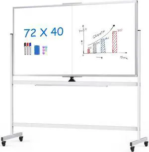 72 x 40 Double Sided Rolling Whiteboard, Mobile Whiteboard Magnetic White Board - Large Reversible Dry Erase Board Easel Standing Board on Wheels with Silver Aluminum Frame and Stand