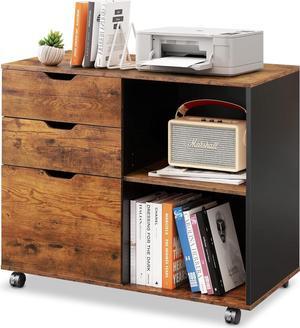 3-Drawer Wood File Cabinet, Mobile Lateral Filing Cabinet, Printer Stand with Open Storage Shelves for Home Office, Brown