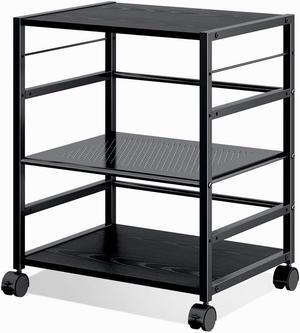 Mobile 3-Shelf Printer Stand with Adjustable Shelves, Modern Printer Cart with Large Storage Space, Printer Stand for Home Office, Black