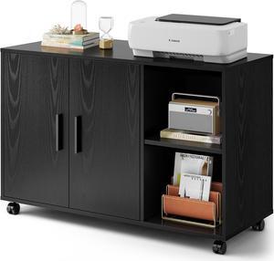Rolling File Cabinet, Wood Storage Filing Cabinet with Dual Doors, Large Printer Stand on Lockable Wheels for Home Office, Black