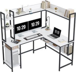 L-Shaped Desk with Hutch, 60" Corner Computer Desk, Large Home Office Desk with Bookshelf and Storage Shelves, Space-Saving, White