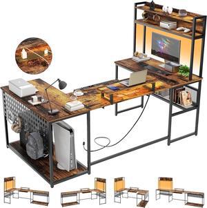 U Shaped Desk with Power Outlet, L Shaped Office Desk with LED Lights and Monitor Stand, Reversible L-Shaped Computer Desk Suitable for Home Office, Corner, Gaming, Brown