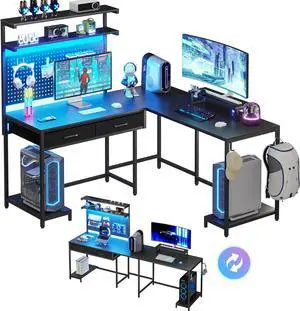 54.3" L Shaped Gaming Desk with LED Lights, Pegboard and Drawers, Gaming Desk with Hutch, Computer Desk with Monitor Stand, Storage Shelves, Home Office Desk Corner Desk, Gaming Table, Black
