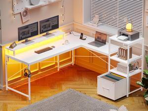 51" L Shaped Gaming Desk, Computer Desk with Storage Shelves, Gamer Desk with Power Outlets & LED Lights, Fabric Drawer, Monitor Stand and Hooks, White
