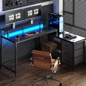 49.6" Reversible L Shaped Computer Desk with Drawers, Gaming Desk with LED Lights and Power Outlets, Office Desk with Storage Shelves, Corner Desk with Monitor Stand, for Home & Office, Black