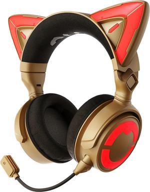 YOWU RGB Cat Ear Headphone 4, Upgraded Wireless & Wired Gaming Headset with Attachable HD Microphone -Active Noise Reduction, Dual-Channel Stereo & Customizable Lighting and Effect via APP (Gold)