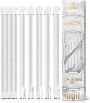 Power Supply Sleeved Cable, 16 AWG PSU Extension Cable Kit of White Connector, 1x24Pin/2x4+4 EPS/3x6+2 PCI-E, 30cm Length with Combs-White