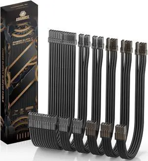 Power Supply Sleeved Cable, 16 AWG PSU Extension Cable Kit of White Connector, 1x24Pin/2x4+4 EPS/3x6+2 PCI-E, 30cm Length with Combs - Black