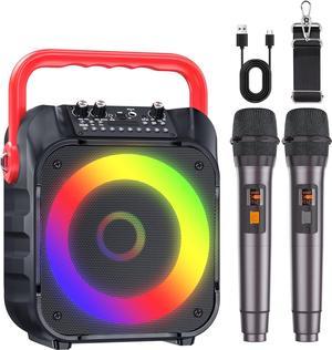 Karaoke Machine with Two Wireless Microphones, Portable Karaoke Machine for Adults & Kids, Portable Bluetooth Speaker with PA System, LED Lights, Supports TF Card/USB, AUX in, FM, USB,TWS