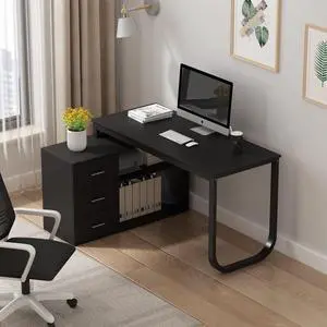 55" Home Office Computer Desk Corner Desk with 3 Drawers and 2 Shelves, 55 Inch Large L-Shaped Study Writing Table with Storage Cabinet - Black