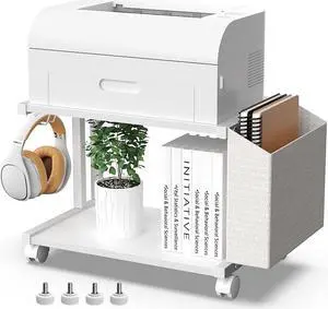 2 Tier Modern White Wooden Under Desk Printer Stand with Storage Bag for Home Office Desktop Printer Table Organizer Mobile Printer Shelf Cart with Caster Wheel (White)