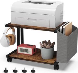 2 Tier Modern White Wooden Under Desk Printer Stand with Storage Bag for Home Office Desktop Printer Table Organizer Mobile Printer Shelf Cart with Caster Wheel (Rustic Brown)