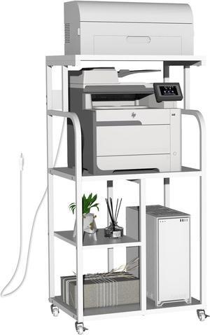 Mobile High Printer Stand with Power Outlet Charging Plugs USB Port Office Storage Shelf Includes Computer Tower CPU Stand Holder with Wheel (White)
