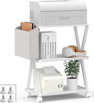 Mobile Printer Stand 3 Tier Wood Shelf Metal Frame Printer Cart with Storage Bag for Home Office Modern Under Desk Table Side Printer Cart with Rolling Caster Wheel (White)