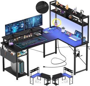 48.8" L Shaped Gaming Desk with LED Lights & Power Outlets, Reversible L-Shaped Computer Desk with Monitor Stand & Storage Shelf, Corner Desks Home Office Desk with Storage Bag, Black
