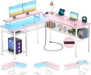  YOUTHUP Pink Gaming Desk with LED Lights, 55 Z Shaped